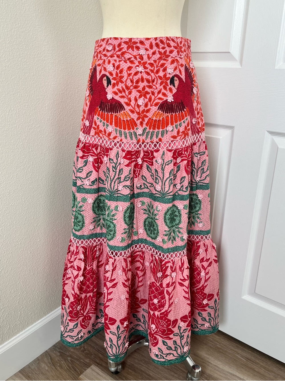 FARM Rio x Anthropologie Ainika Print Macaws Pink Maxi Skirt Size S